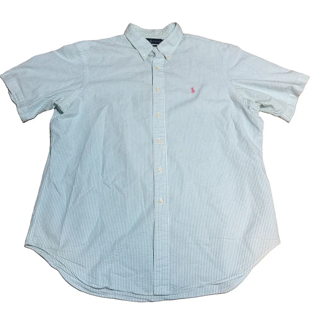 Polo Ralph Lauren Seersucker Shirt Mens XL Blue White Stripe Short Sleeve Pony